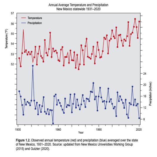 Observed annual temperature and precipitation averaged over the state of New Mexico, 1931-2020.